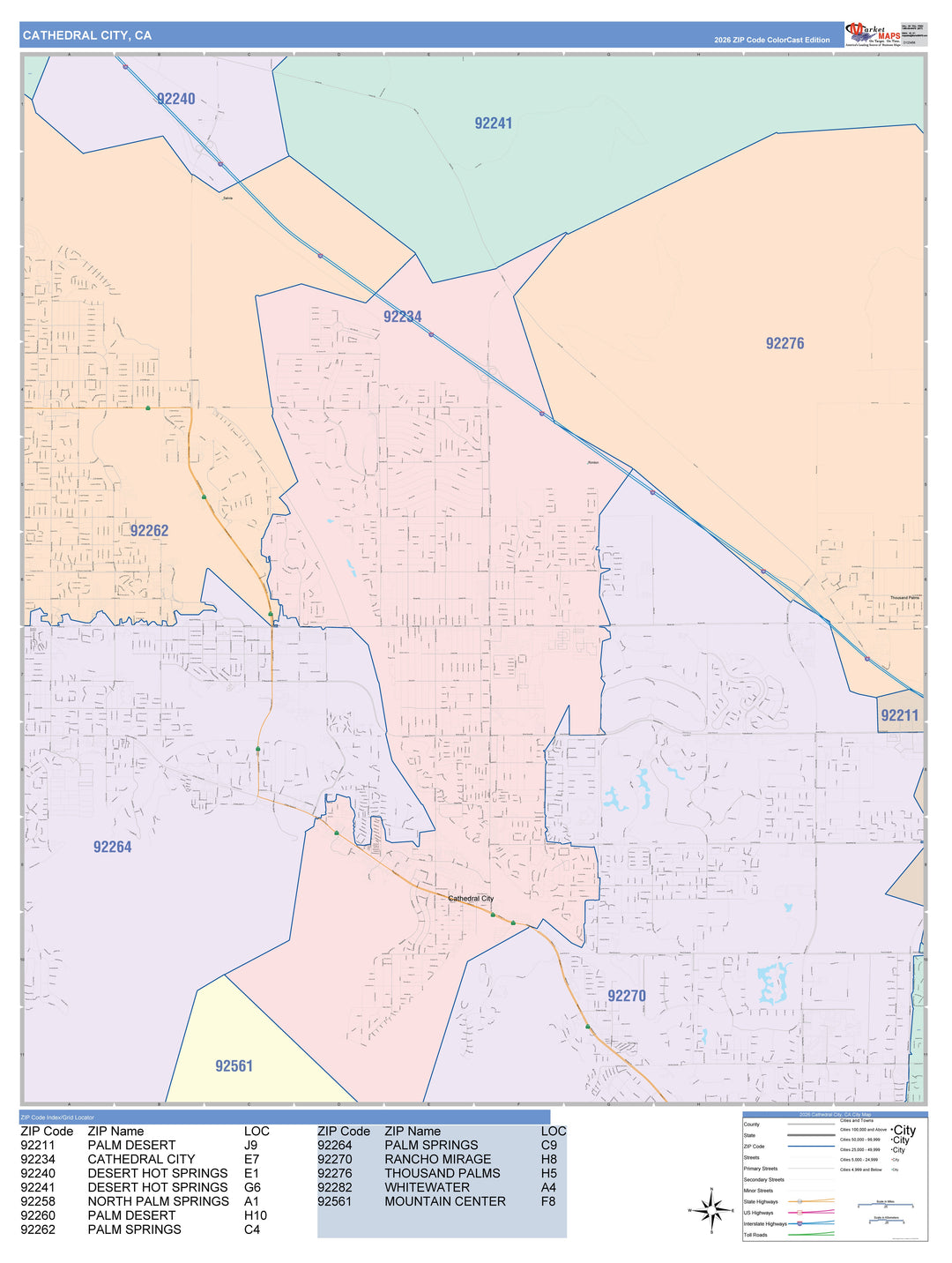 Color Cast Zip Code Style Wall Map of Cathedral City, CA