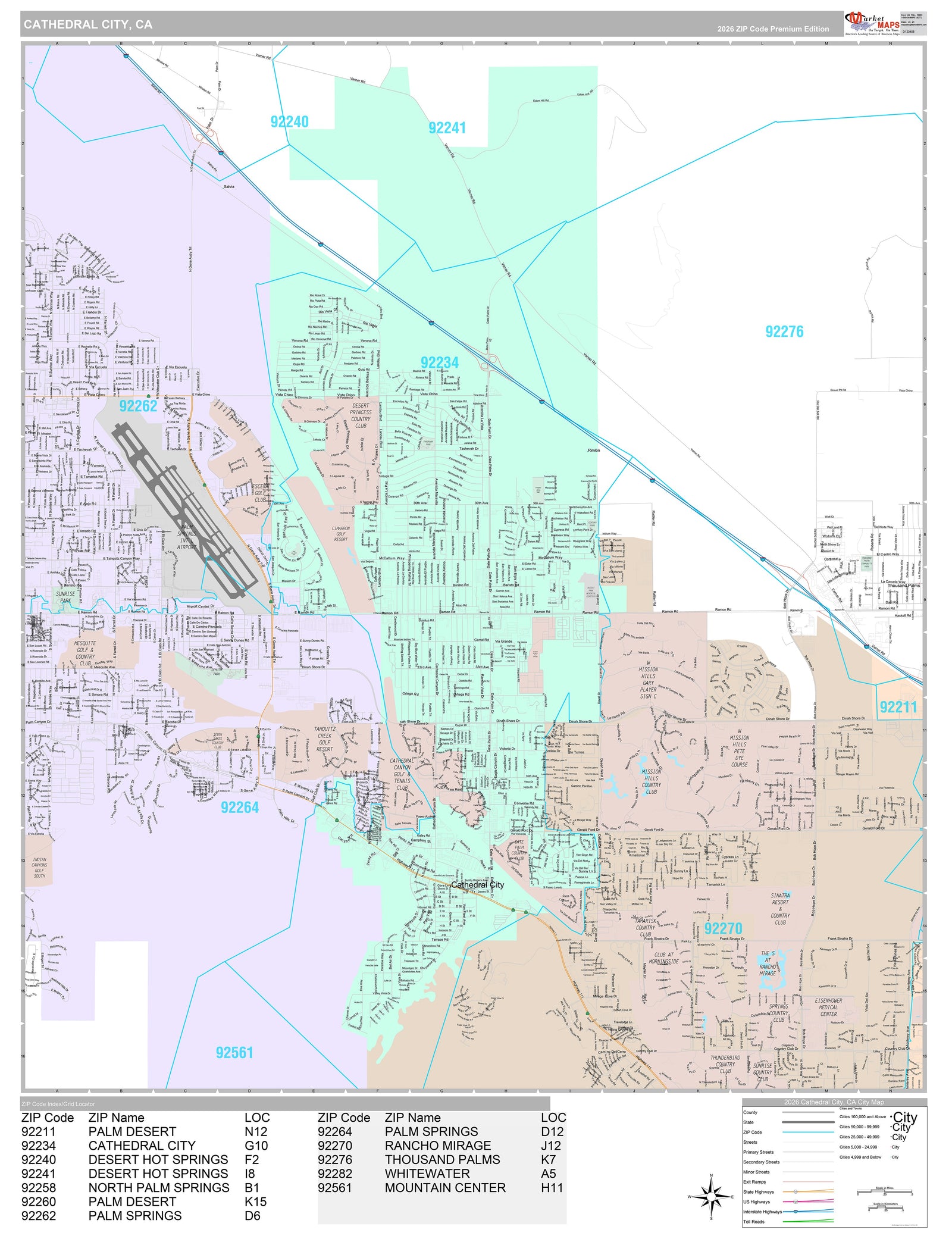 Premium Style Wall Map of Cathedral City, CA