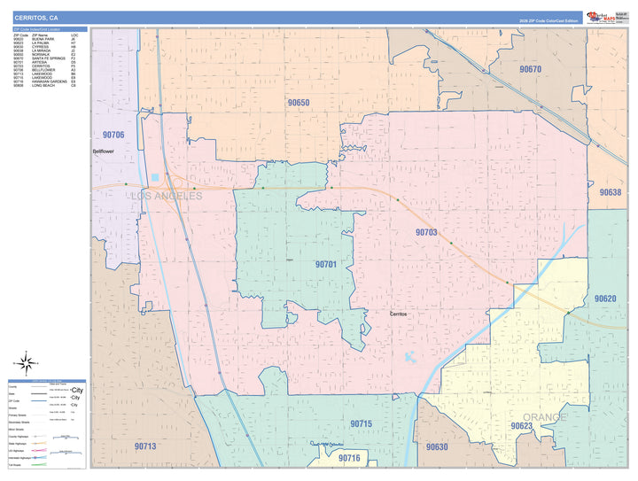 Color Cast Zip Code Style Wall Map of Cerritos, CA