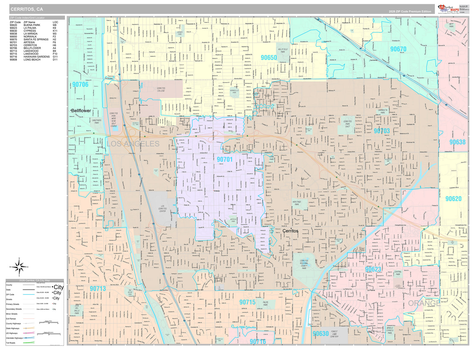 Premium Style Wall Map of Cerritos, CA