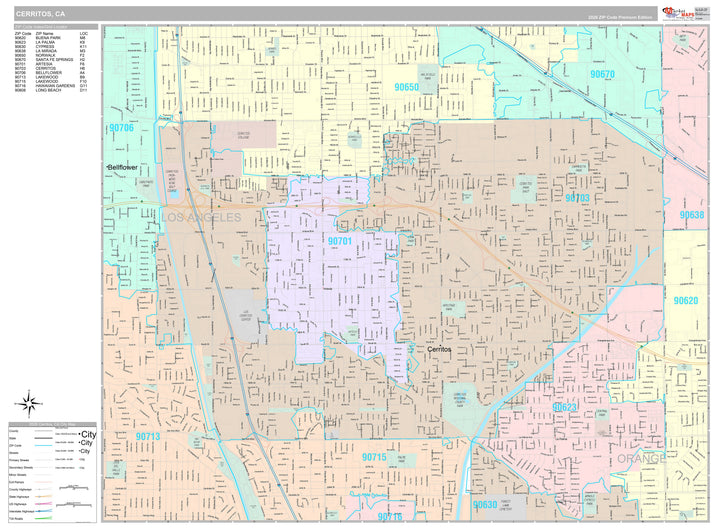 Premium Style Wall Map of Cerritos, CA
