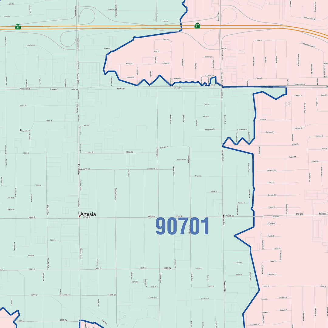 Color Cast Zip Code Style Wall Map of Cerritos, CA