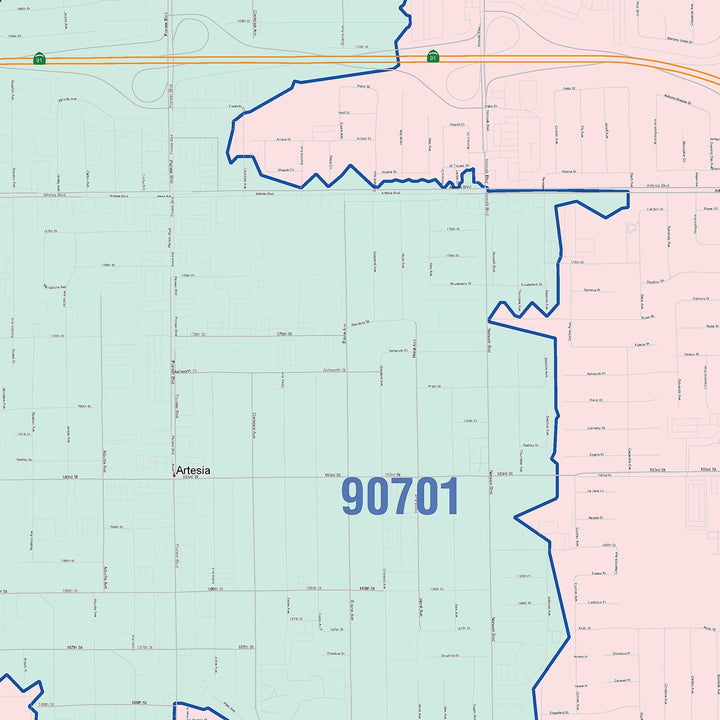 Color Cast Zip Code Style Wall Map of Cerritos, CA