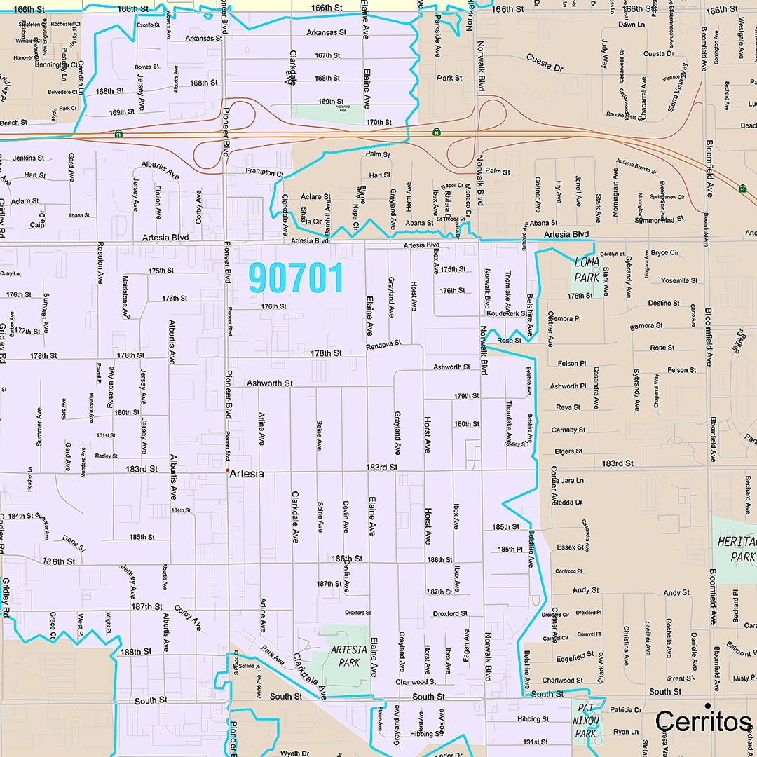 Premium Style Wall Map of Cerritos, CA