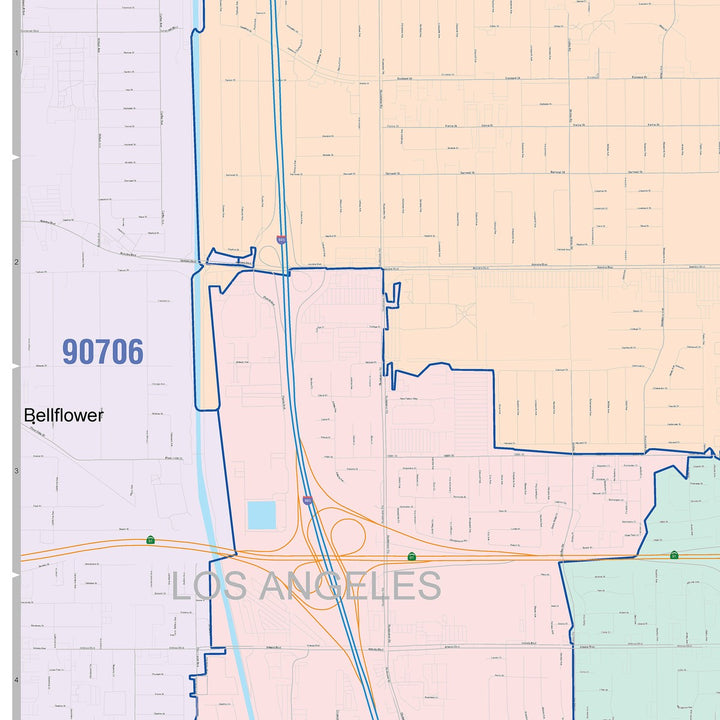 Color Cast Zip Code Style Wall Map of Cerritos, CA