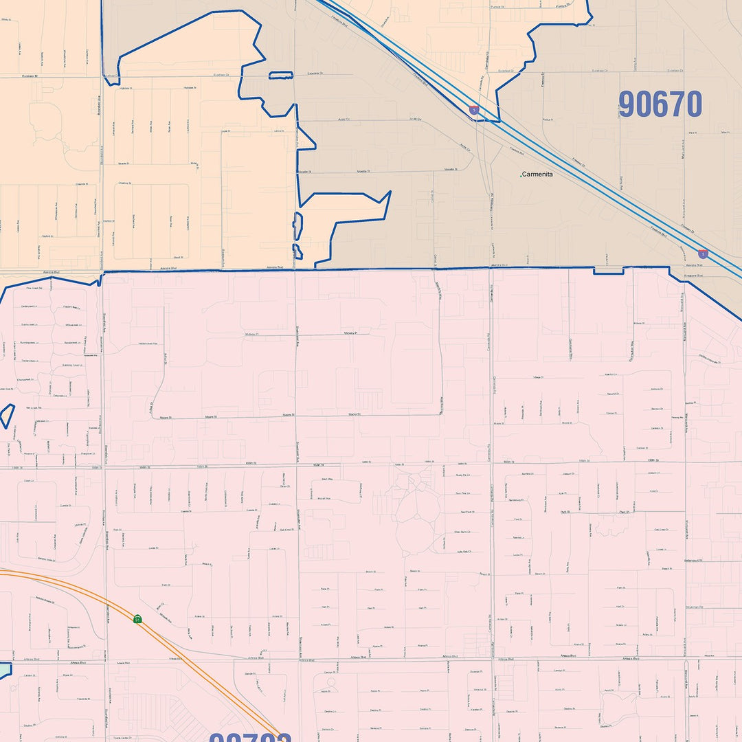 Color Cast Zip Code Style Wall Map of Cerritos, CA