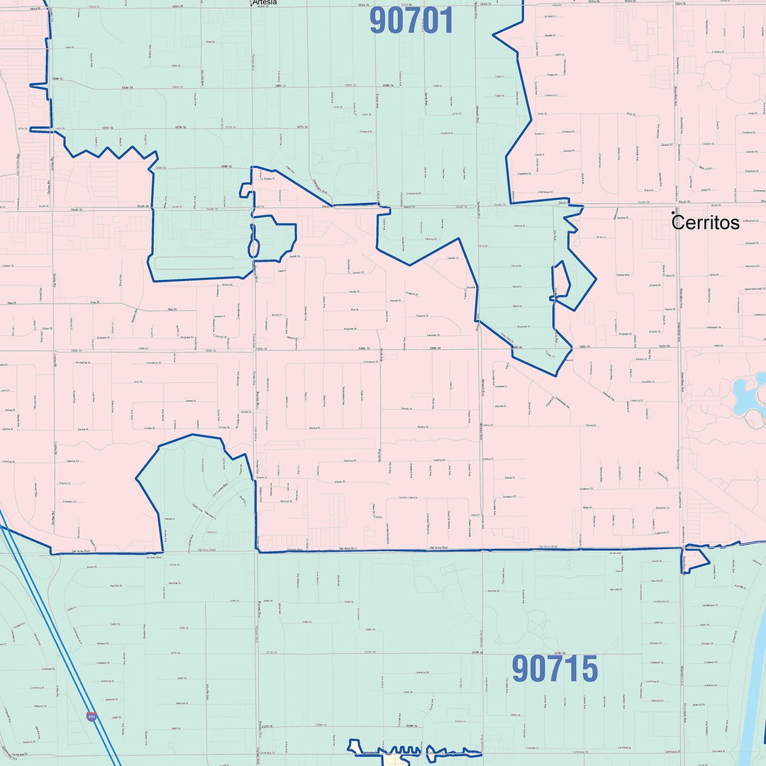 Color Cast Zip Code Style Wall Map of Cerritos, CA