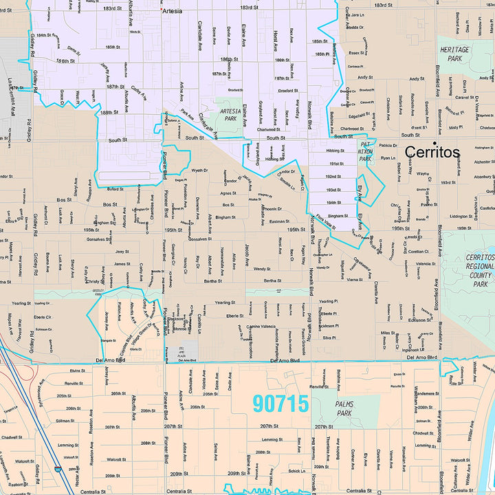 Premium Style Wall Map of Cerritos, CA