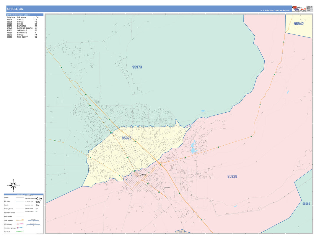 Color Cast Zip Code Style Wall Map of Chico, CA