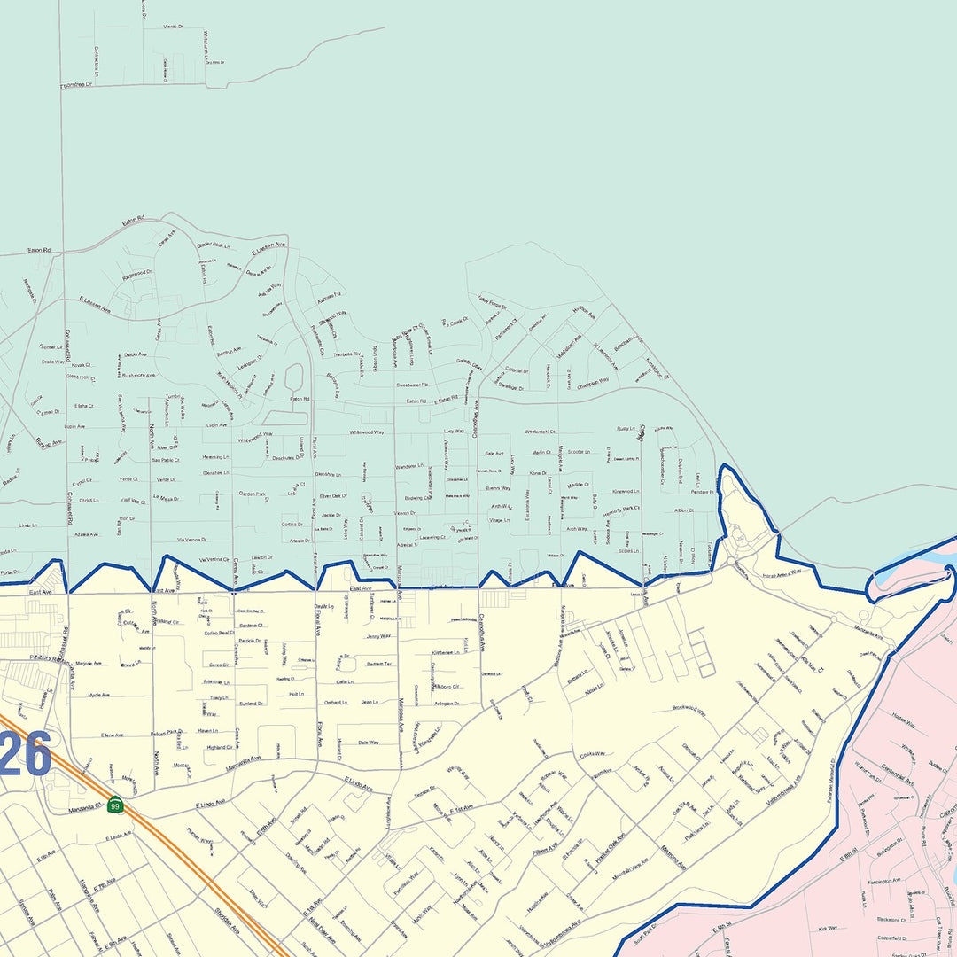 Color Cast Zip Code Style Wall Map of Chico, CA