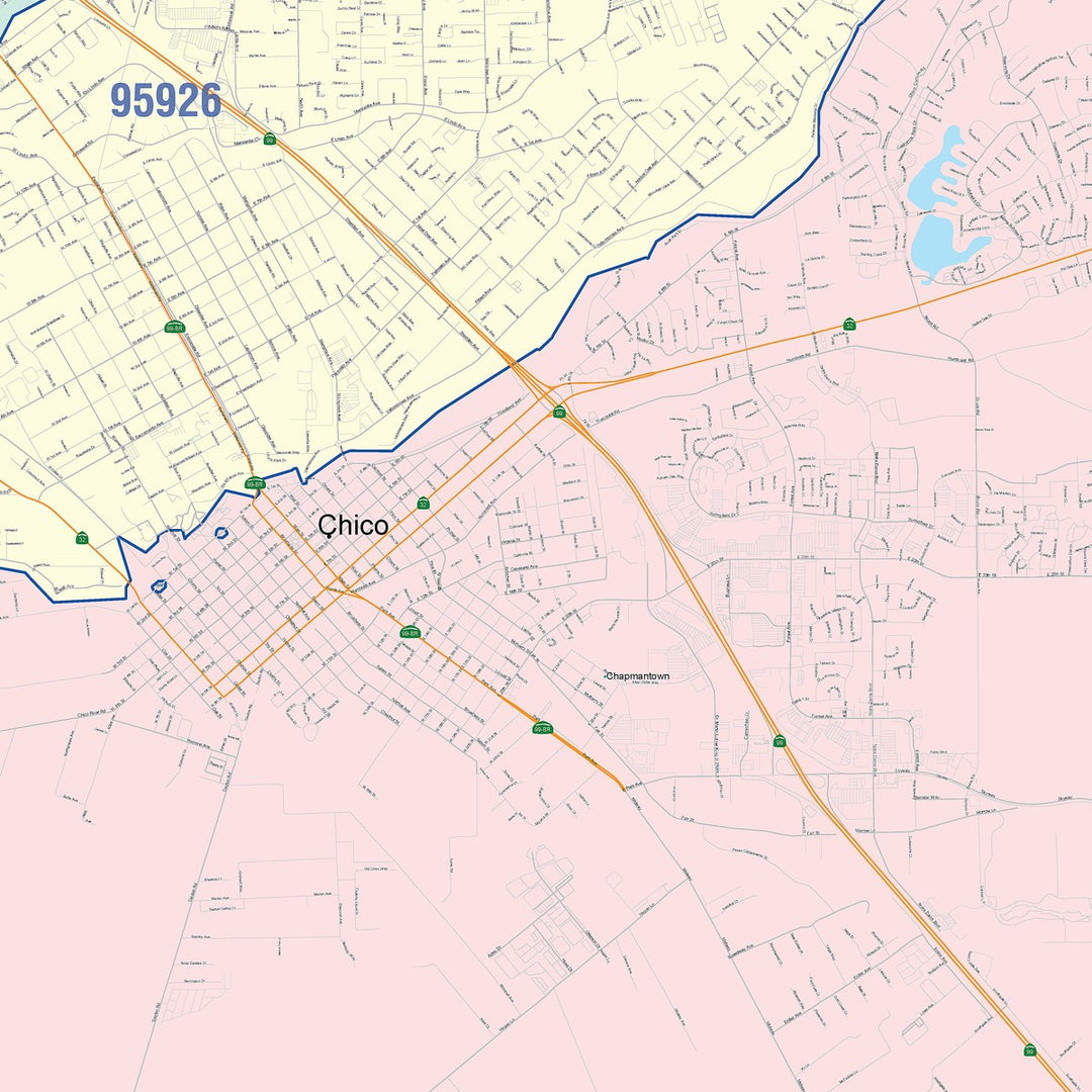 Color Cast Zip Code Style Wall Map of Chico, CA