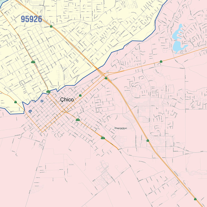 Color Cast Zip Code Style Wall Map of Chico, CA