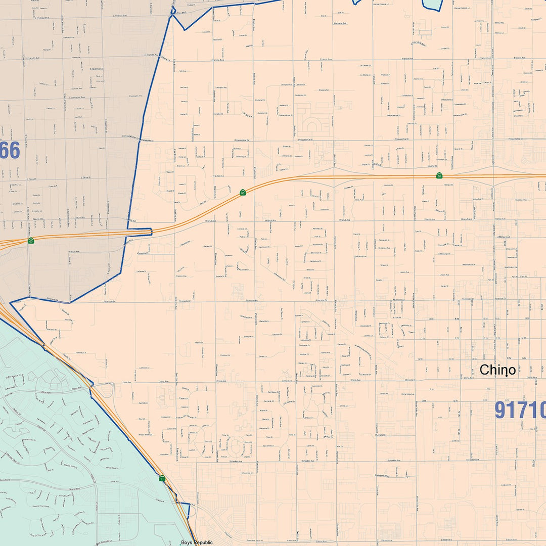 Color Cast Zip Code Style Wall Map of Chino, CA