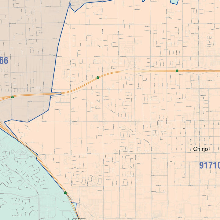 Color Cast Zip Code Style Wall Map of Chino, CA