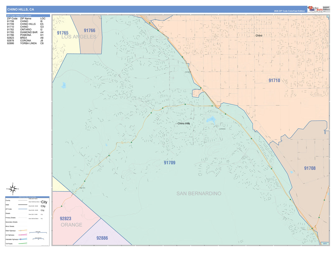 Color Cast Zip Code Style Wall Map of Chino Hills, CA