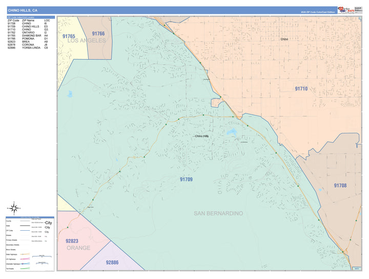 Color Cast Zip Code Style Wall Map of Chino Hills, CA