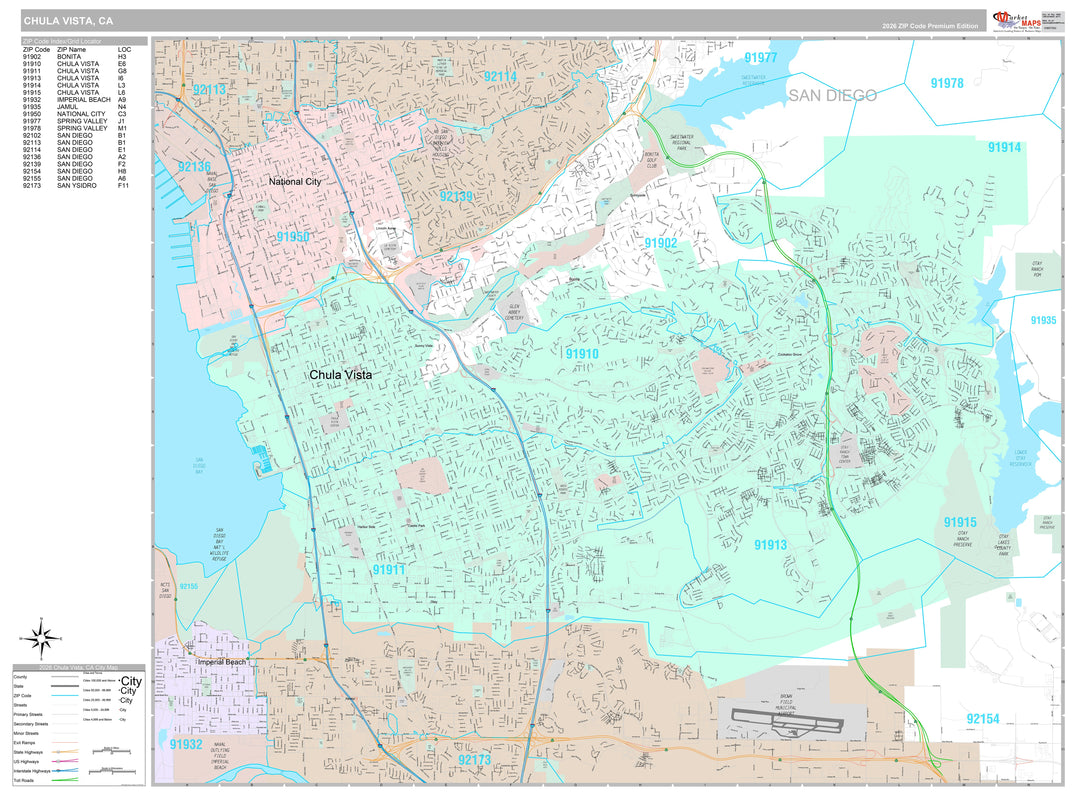 Premium Style Wall Map of Chula Vista CA