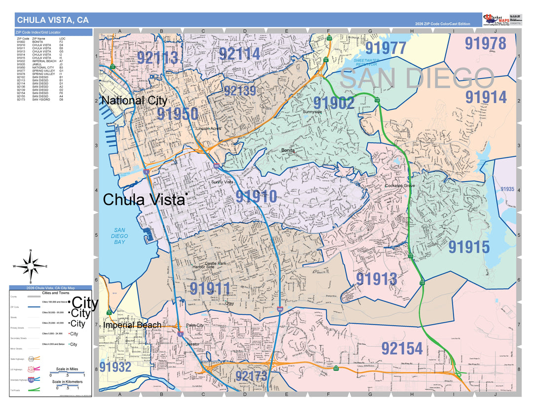 Color Cast Zip Code Style Wall Map of Chula Vista, CA