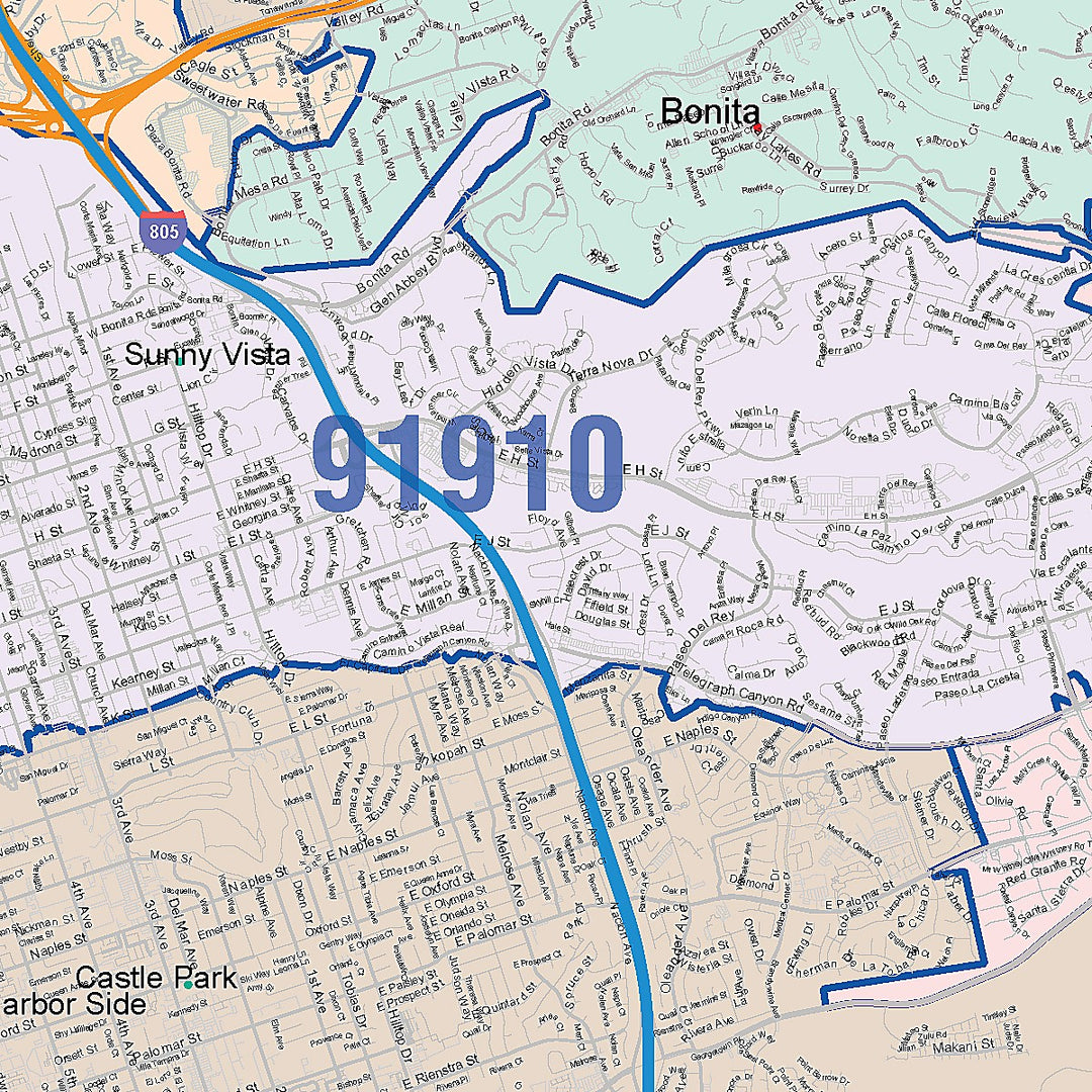 Color Cast Zip Code Style Wall Map of Chula Vista, CA