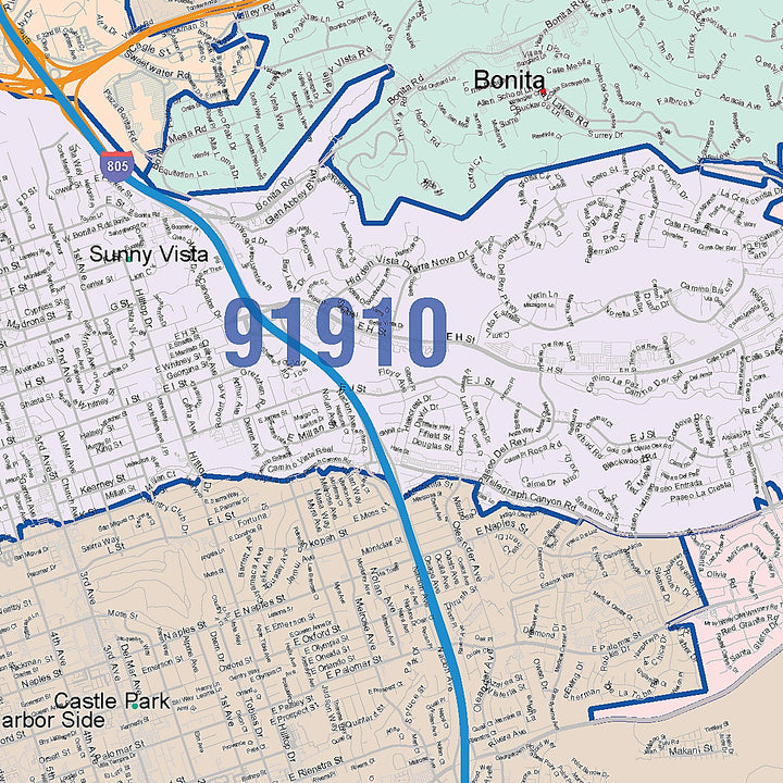 Color Cast Zip Code Style Wall Map of Chula Vista, CA