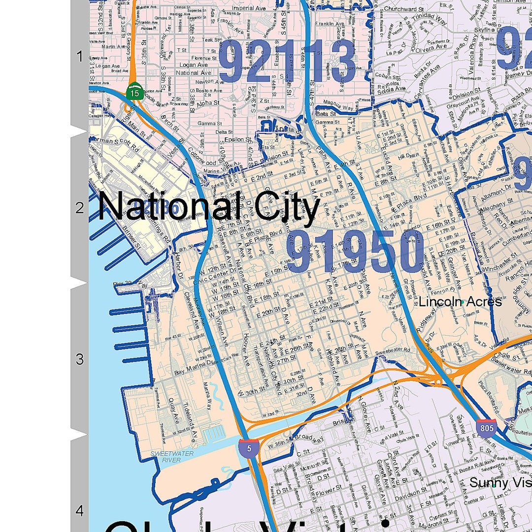 Color Cast Zip Code Style Wall Map of Chula Vista, CA