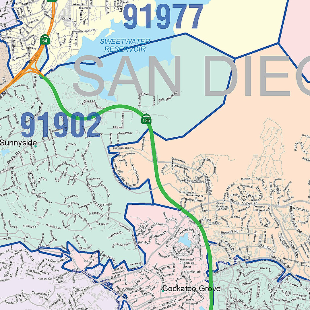 Color Cast Zip Code Style Wall Map of Chula Vista, CA