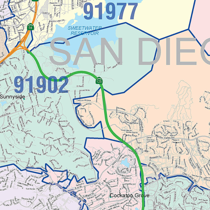 Color Cast Zip Code Style Wall Map of Chula Vista, CA