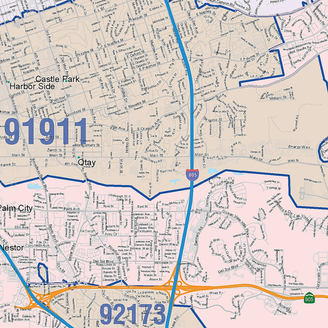Color Cast Zip Code Style Wall Map of Chula Vista, CA