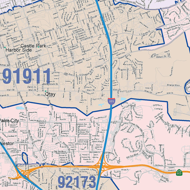Color Cast Zip Code Style Wall Map of Chula Vista, CA