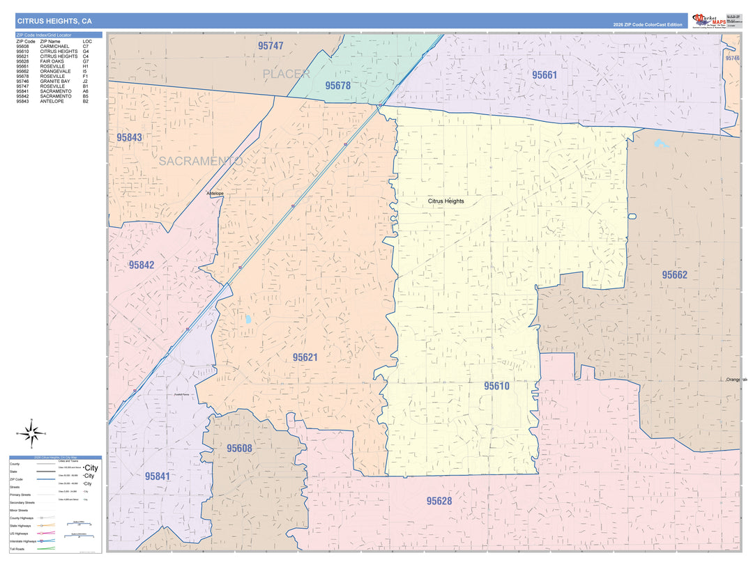 Color Cast Zip Code Style Wall Map of Citrus Heights, CA
