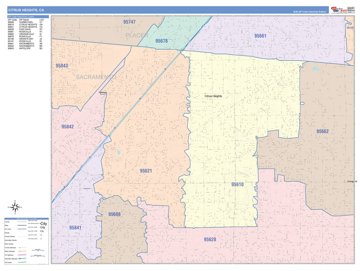 Color Cast Zip Code Style Wall Map of Citrus Heights, CA