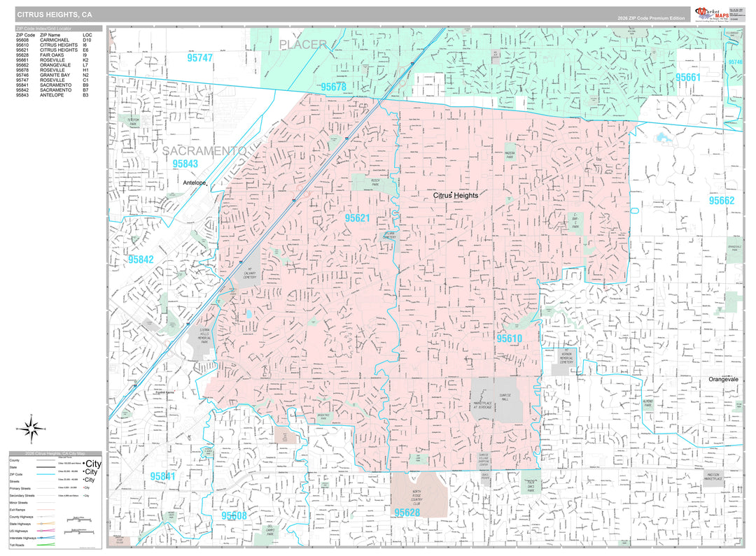 Premium Style Wall Map of Citrus Heights, CA