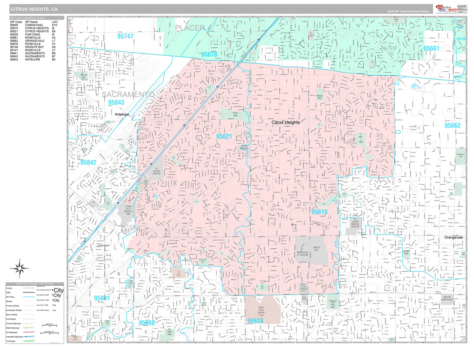 Premium Style Wall Map of Citrus Heights, CA