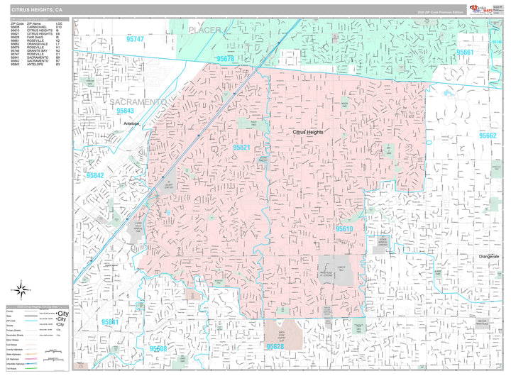Premium Style Wall Map of Citrus Heights, CA