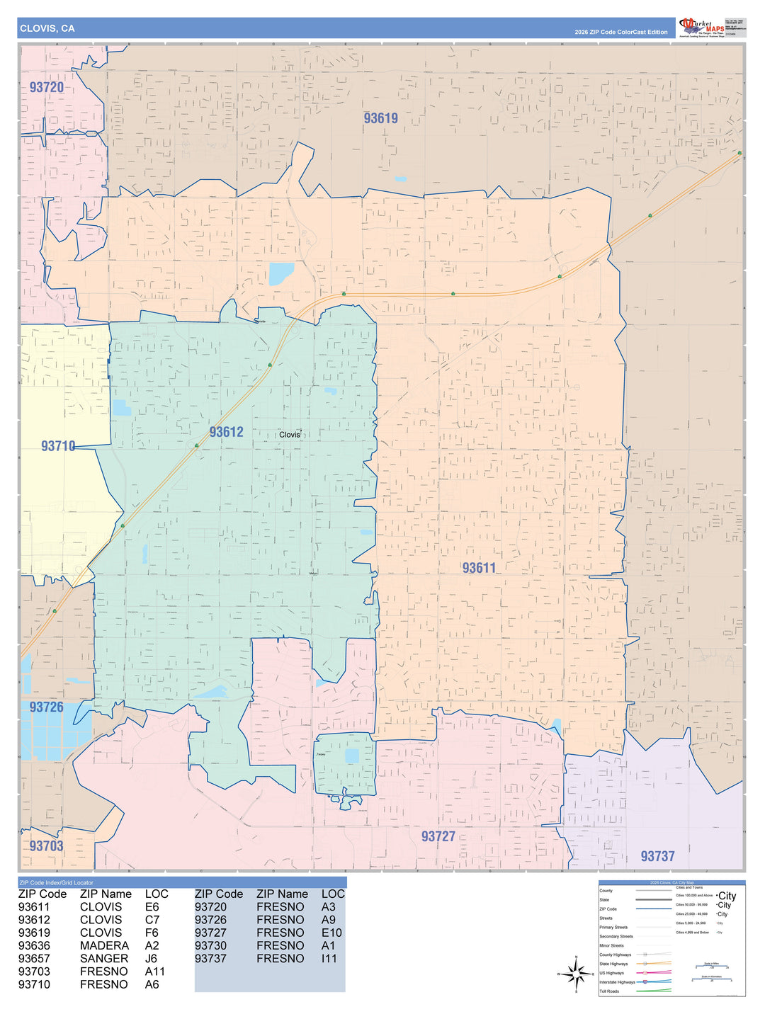 Color Cast Zip Code Style Wall Map of Clovis, CA