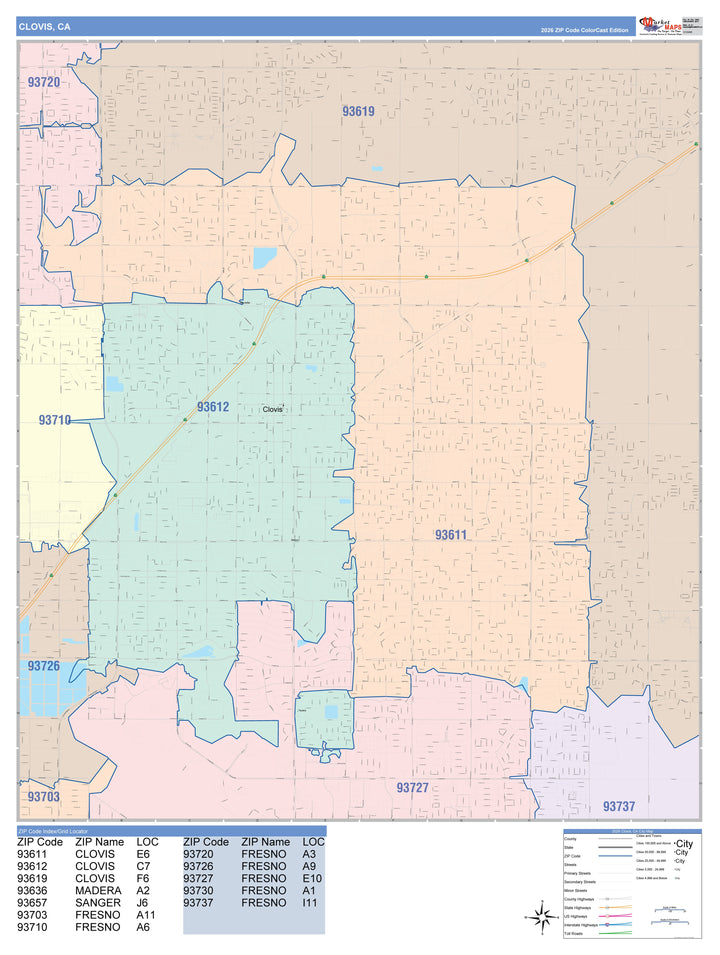 Color Cast Zip Code Style Wall Map of Clovis, CA
