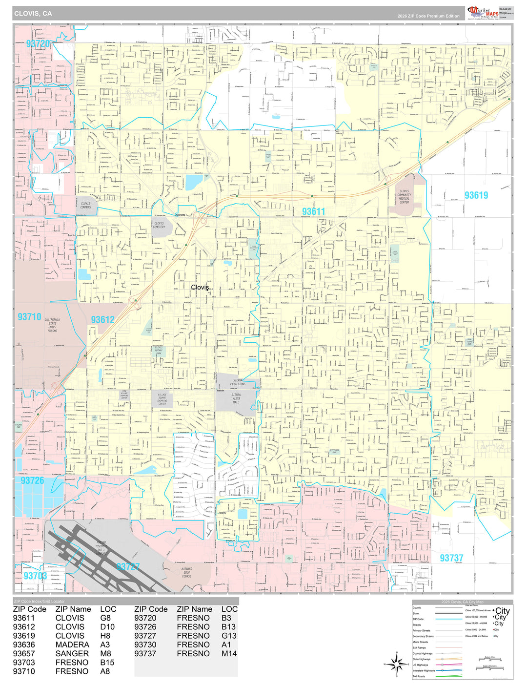 Premium Style Wall Map of Clovis, CA