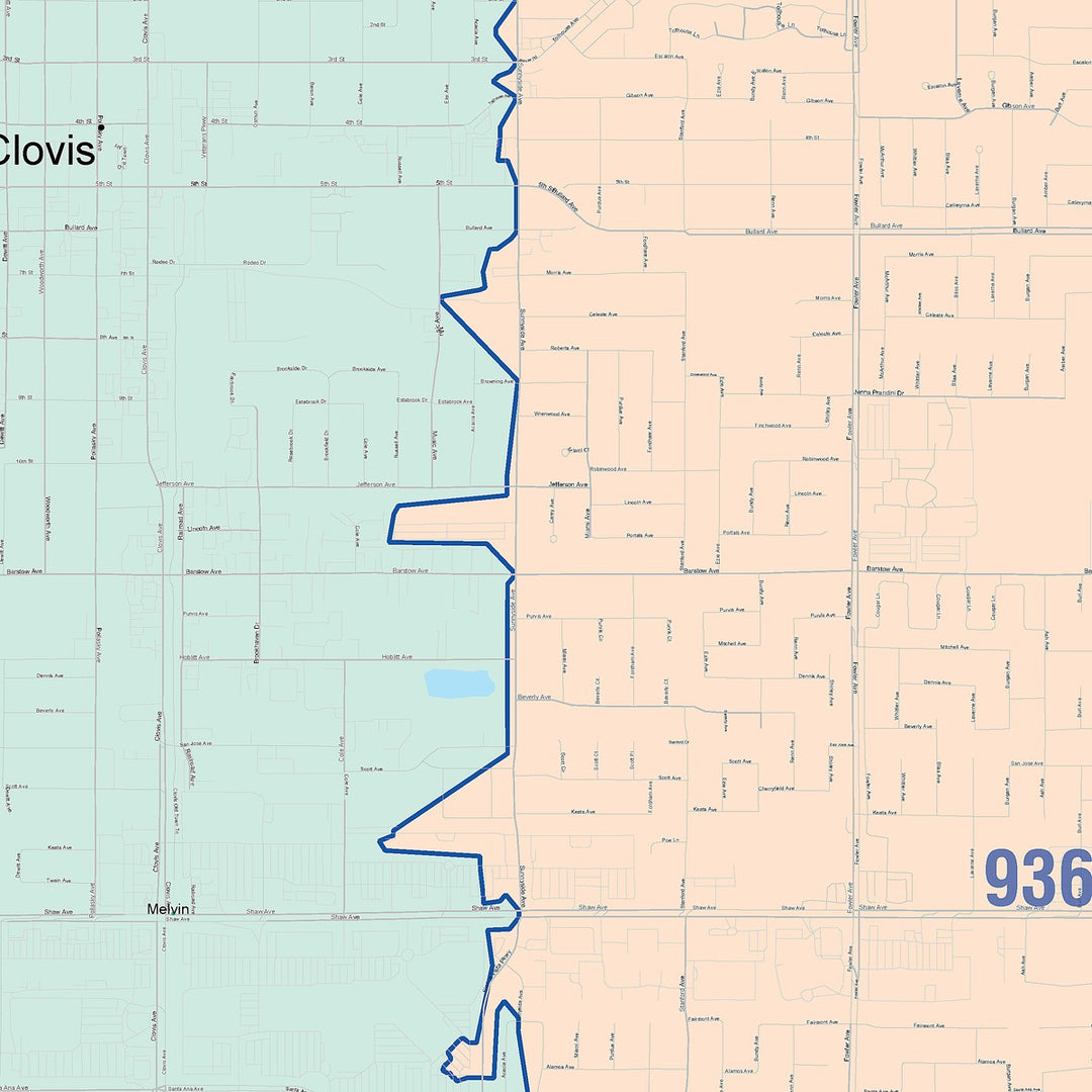 Color Cast Zip Code Style Wall Map of Clovis, CA