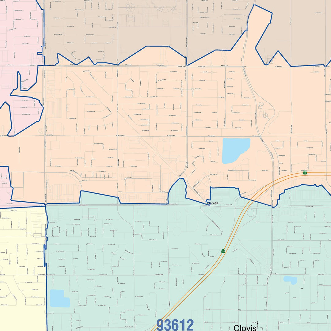 Color Cast Zip Code Style Wall Map of Clovis, CA