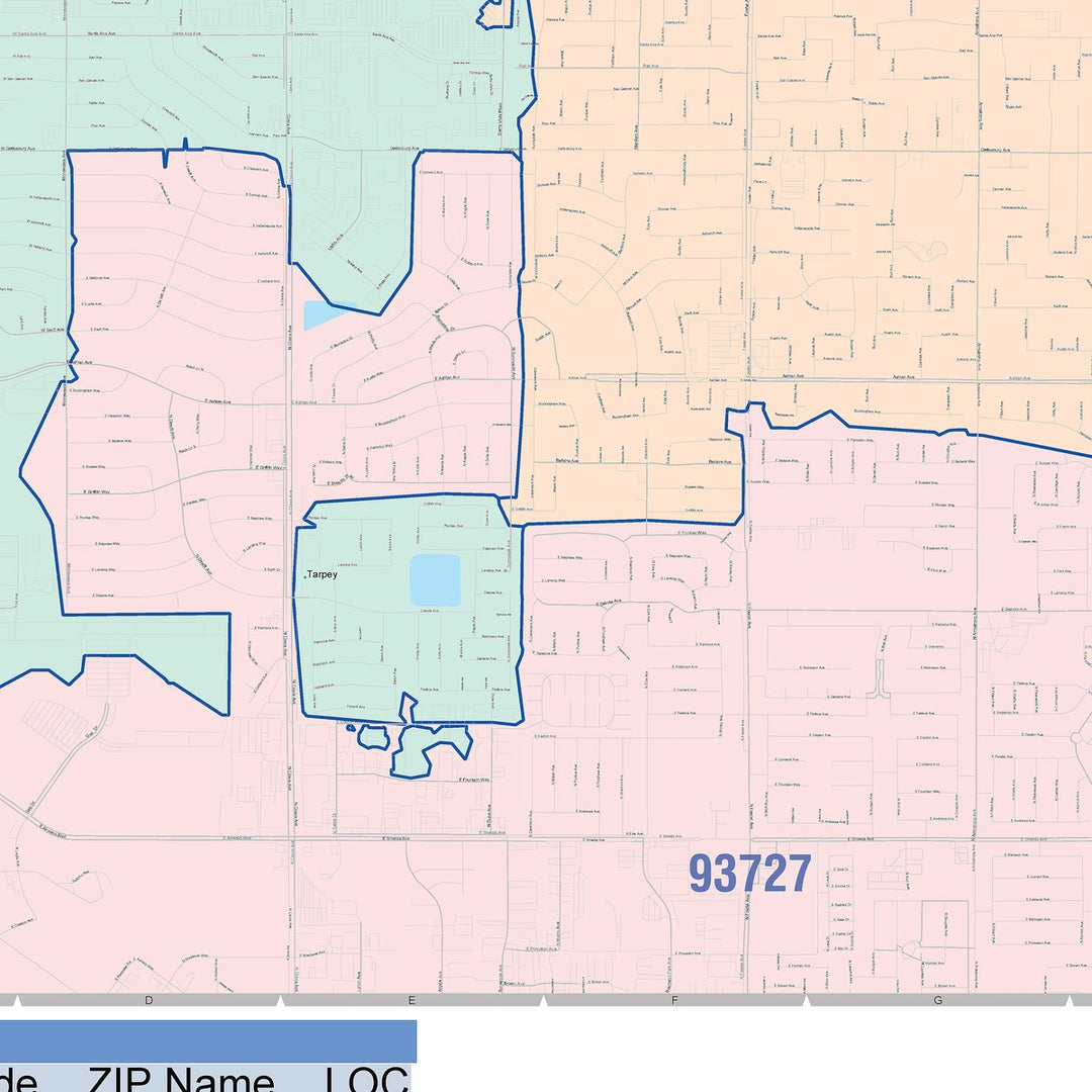 Color Cast Zip Code Style Wall Map of Clovis, CA