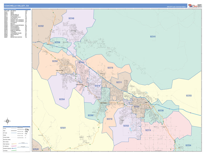 Color Cast Zip Code Style Wall Map of Coachella Valley, CA