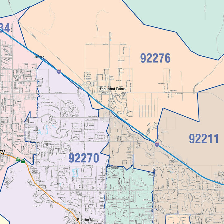 Color Cast Zip Code Style Wall Map of Coachella Valley, CA