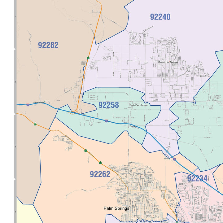 Color Cast Zip Code Style Wall Map of Coachella Valley, CA