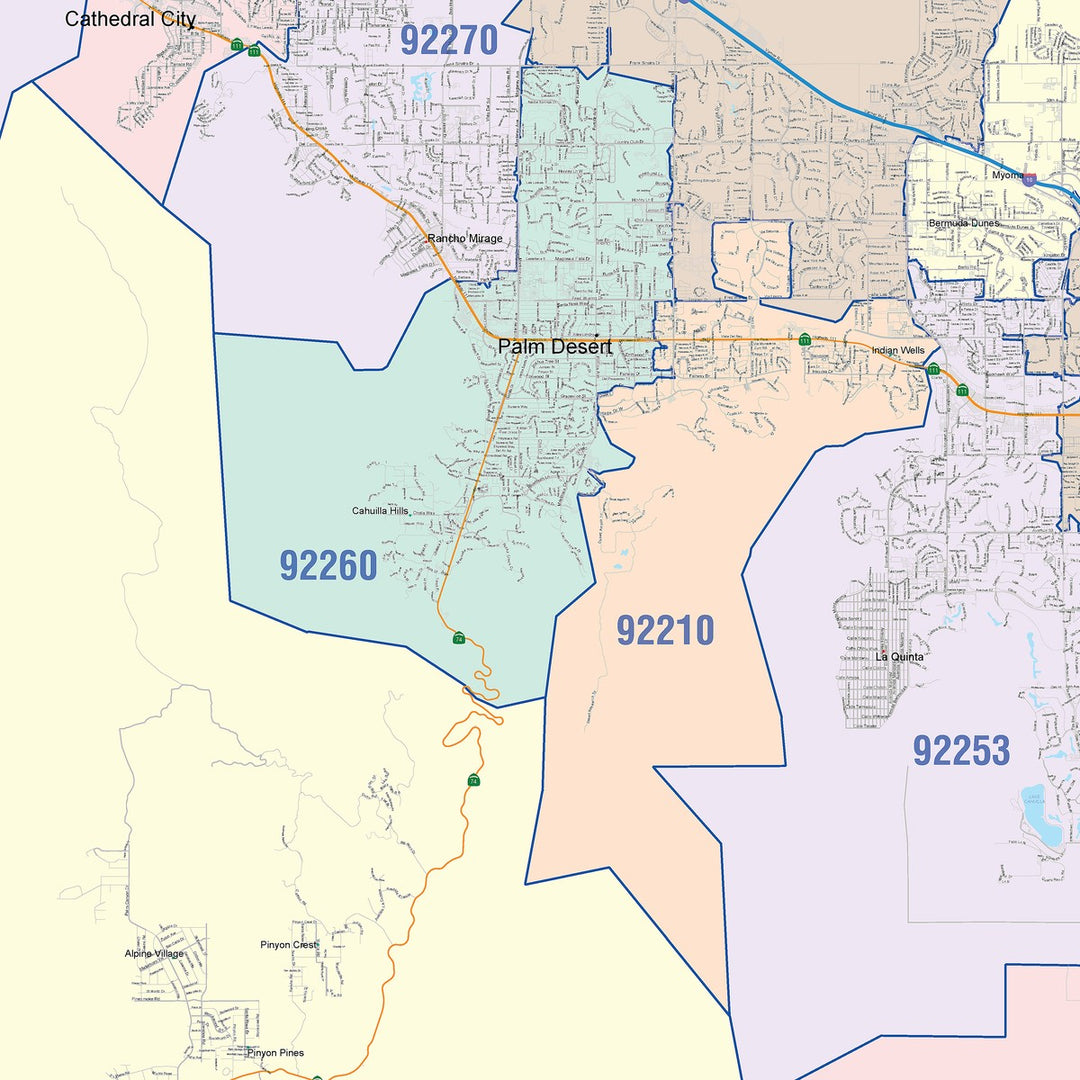 Color Cast Zip Code Style Wall Map of Coachella Valley, CA