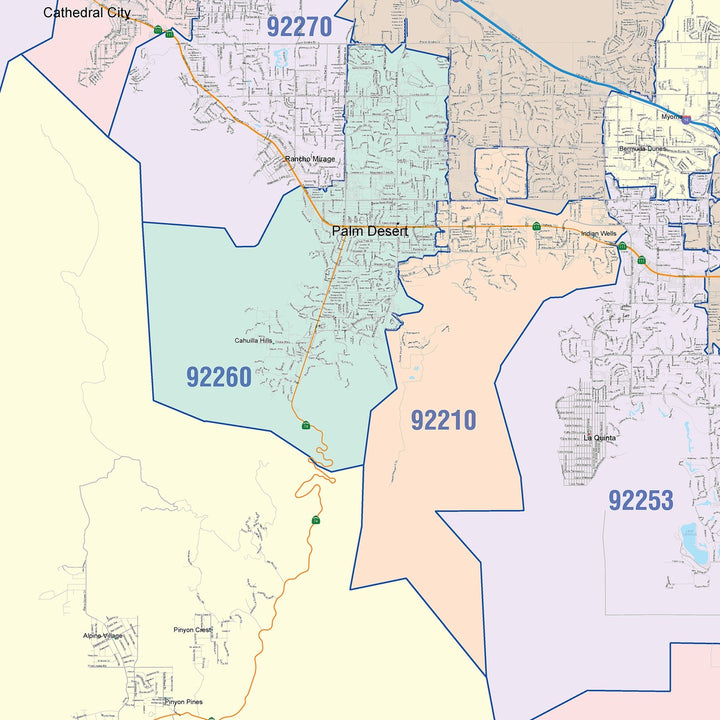 Color Cast Zip Code Style Wall Map of Coachella Valley, CA