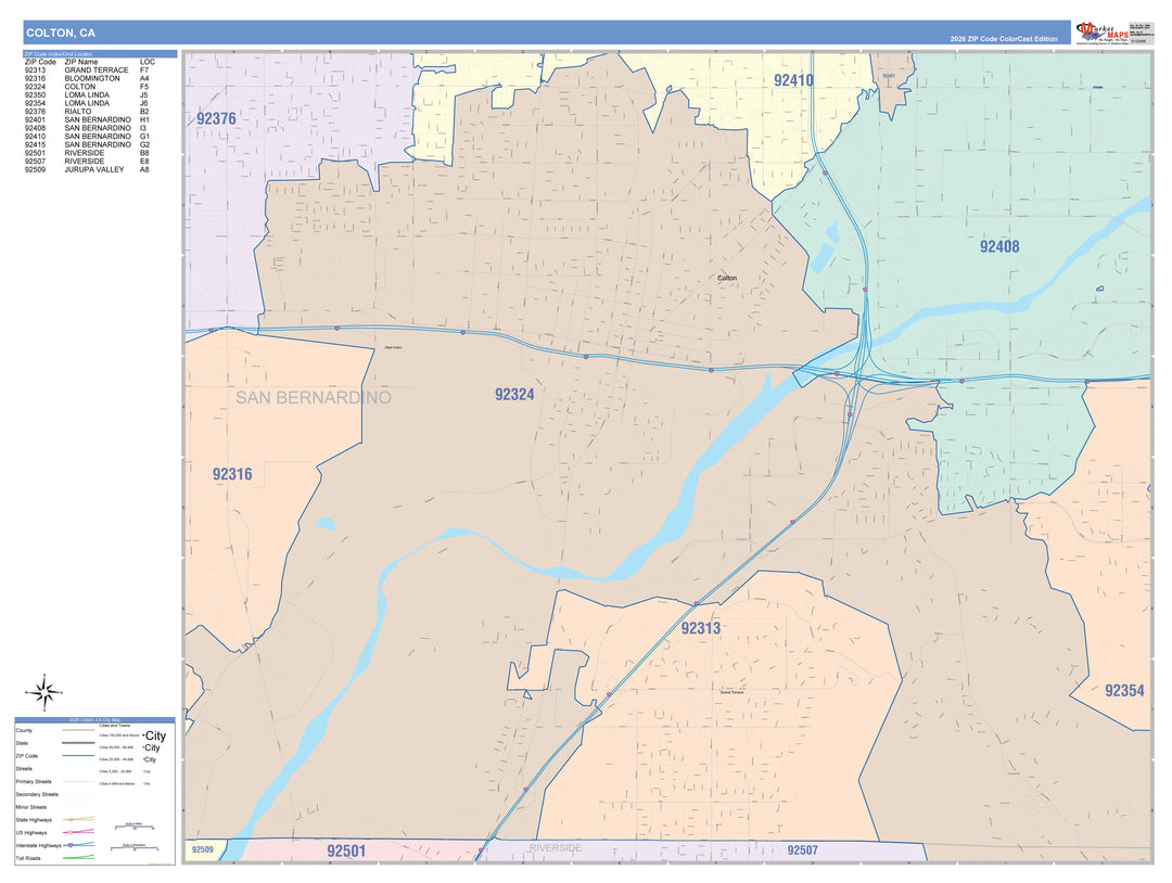 Color Cast Zip Code Style Wall Map of Colton, CA