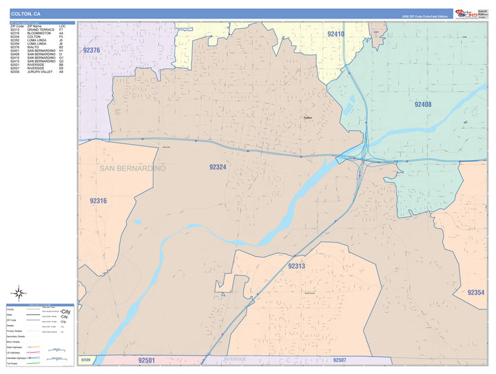 Color Cast Zip Code Style Wall Map of Colton, CA