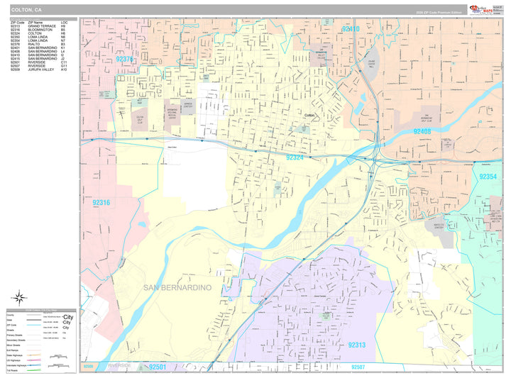 Premium Style Wall Map of Colton, CA