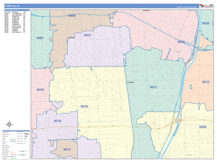Color Cast Zip Code Style Wall Map of Compton, CA