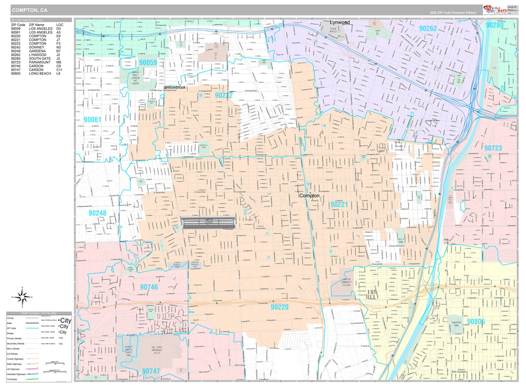 Premium Style Wall Map of Compton, CA